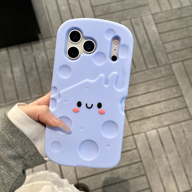 Cute 3D Cheese Face Silicone Phone Case for iPhone 17 Pro Max 16 15 14 Plus 13 12 Pro Max Soft Shockproof Blue Back Cover