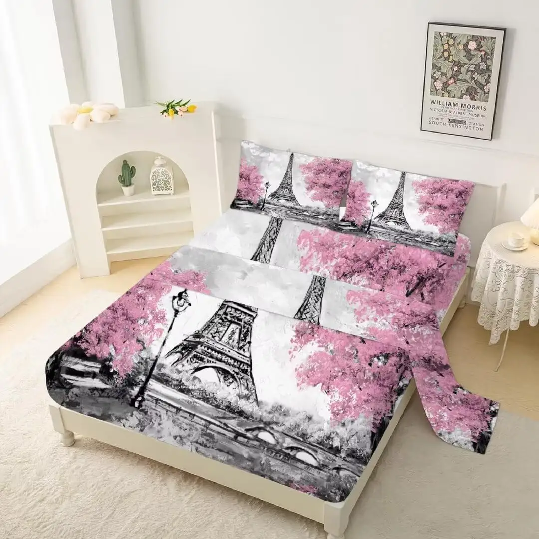 Pink Paris Fitted Sheet Sets with Eiffel Tower and Flowers - French Style Full Size Bedding Sets for Boys Kids