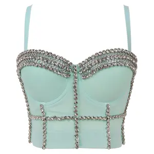 3D shiny crystal short ladies outwear with bra pad crop bustier corset female sexy tops for girls