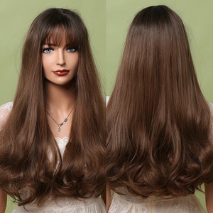 SARLA Hot Sale Long Natural Curly Synthetic Wig Soft Brown with Transparent Lace and Dark Root Bangs Stylish Hair Extension