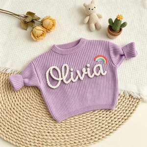 Custom Embroidered Cotton Sweater Name Hand-Knitted Soft Elastic Washable Toddler <b>Jumper</b> Newborn Baby <b>Boys</b> - Product Image 1