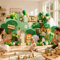 Set Dekorasi Pesta Safari Hutan, Papan Latar Tema Hutan, Kit Balon, Papan Busa KT Daur Ulang, Cetak Digital untuk Ulang Tahun ke-1