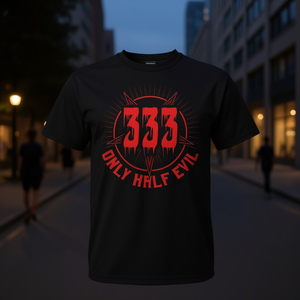 333 Only Half Evil T-Shirt Black <b>Red</b> Graphic Design Unisex Adult Size - Product Image 3