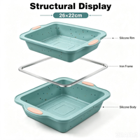 Plateau de cuisson carré en silicone avec cadre métallique renforcé, deux tons, poignées orange, 26x22x4.5cm