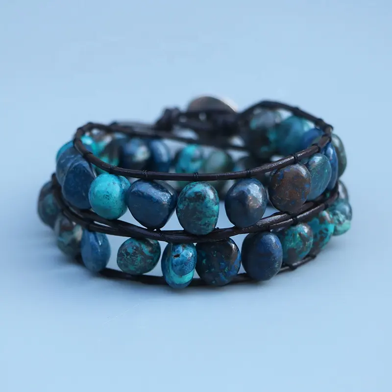 Natural Stone Irregular Phoenix Lapis Lazuli Beads Wrap Bracelet Women Men Two Wraps Adjustable Length Leather Boho Jewelry