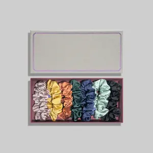 Logotipo personalizado 100% Mulberry Silk Hair Tie Set Candy Color Silk Hair Tie Caja de regalo