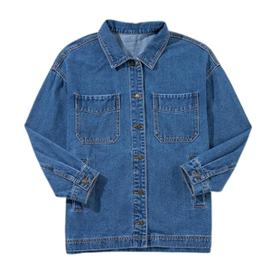 Veste en jean bleu classique pour femme avec fermeture à boutons Manches longues Chemise en jean décontractée Veste d'extérieur - Product Image 1