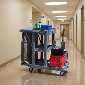 Heavy Duty Housekeeping Cart With 4 Swivel <b>Wheels</b> <b>Plastic</b> Frame 3 Shelves Partially Enclosed Indoor Use - Product Image 6