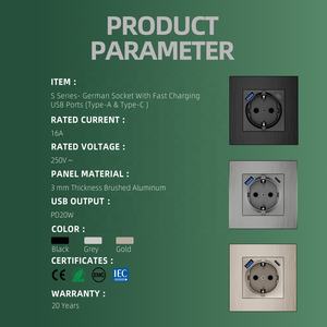 Prise murale allemande Schuko standard européenne 250V 16A avec charge rapide PD20W, ports USB Type-A et Type-C, <span class=keywords><strong>plaque</strong></span> en métal brossé - Product Image 2