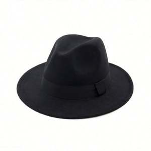 Chapeau Fedora élégant pour homme en feutre 100% laine à large bord avec bande imprimée noire - Product Image 1