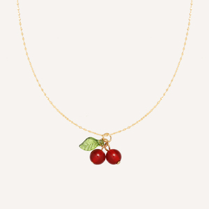 Collier tendance en acier inoxydable pour femme, pendentif cerise en verre, chaîne plaquée or 18 carats motif vague d'eau, pierre principale agate, 18 pouces - Product Image 1