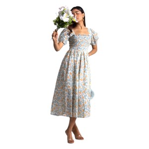 Vestido color mostaza con estampado de loto para mujer, con blusa fruncida, cuello cuadrado, mangas abullonadas y dobladillo acampanado para un estilo elegante. - Product Image 1