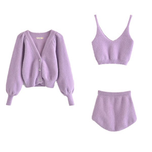 Ensemble trois pièces en peluche <span class=keywords><strong>Mohair</strong></span> pour femme, 3 pièces, col en v, Top court sans manches, taille haute, short et Cardigan, veste - Product Image 2