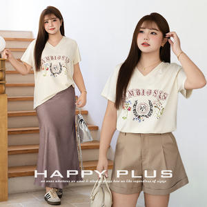 T-shirt décontracté tricoté à col en V et manches courtes pour femme Happy Plus N9255, grande taille, motif lettres imprimées, couleur abricot américain - Product Image 3