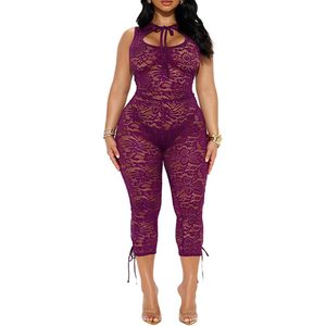 VOIKERDR Combinaison en dentelle pour femme, sans manches, transparente, moulante, tenue de soirée avec détails à lacets - Product Image 1