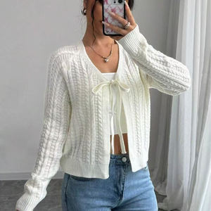 Cárdigan de diseño de punto de cordel con <span class=keywords><strong>cuello</strong></span> en V desabotonado, nuevo suéter blanco informal Vintage con correa de lazo para <span class=keywords><strong>mujer</strong></span> - Product Image 3