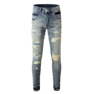 Populaire classique Rts 9310 classique Denim pantalon bleu rétro déchiré patché Skinny jean - Product Image 1