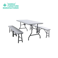 Table pliante professionnelle blanche SK-ZDZ-E003, 6 pieds, en plastique HDPE rectangulaire, portable pour les événements de jardin, le camping, avec pieds en acier