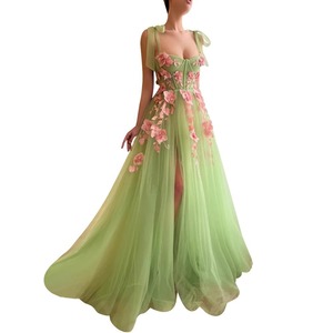 Floral Slit Green Halter Neck A Line Tulle Dress Natural Waist Bridesmaid Dress - Product Image 4