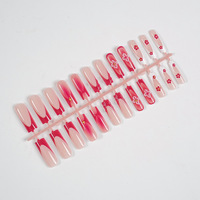 24 faux ongles à presser longs forme cercueil, motif rouge French manucure, fleurs et étoiles dorées, avec lime à ongles, vente en gros et dropshipping