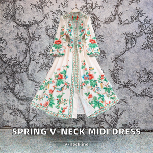 2025 Spring Sustainable Woven V-Neck Tunic Casual Midi Dress for Women Empire Digital Printed Lace - Product Image 2