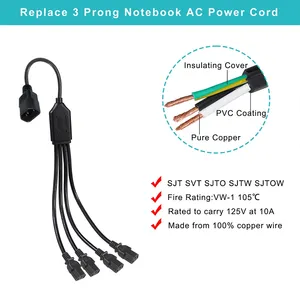 Rallonge informatique IEC 60320 C14 vers C13, adaptateur séparateur en Y, 18AWG 10A/1250W, cordon CA 3 broches, SVT noir 125V - Product Image 3