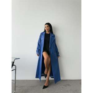 Manteau trench en cuir véritable bleu marine pour femme, long, à simple boutonnage, avec rembourrage en coton, imprimé, imperméable, pour la saison d'automne - Product Image 1