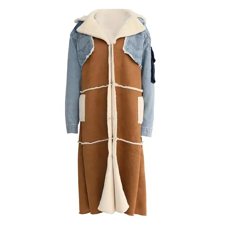 Fashion denim jacket with fur trim Winter faux fur collar women's jacket coat coat elegant ladies long trench coat