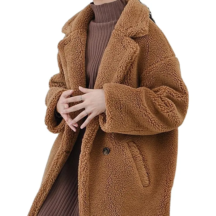 High Quality Lady Solid Luxury Lapel Collar Faux Fur Woman Coat