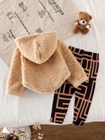 Vêtements pour enfants, mode, costume en peluche cool ours, pull à capuche kaki, ensemble géométrique de dessin animé, vêtements pour enfants en gros, ensembles pour filles