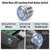 Interrupteur à bouton-poussoir lumineux LED bleu 19mm 12V 1A IP67 en acier inoxydable 1NO marche/arrêt à verrouillage pour boîtier PC et projets DIY