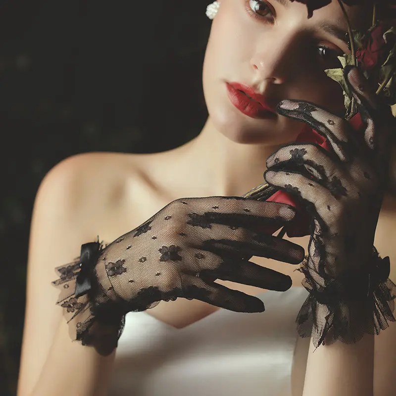 Moda romántica muñeca corta guante nupcial dedo negro tul encaje fino guantes de boda