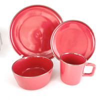 Service de table de luxe en grès rouge 16 pièces avec bordure dorée, assiettes en céramique émaillée colorée