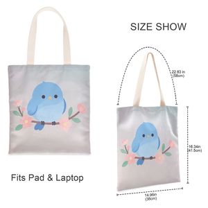 Custom Blue Bird Full Print <b>Canvas</b> <b>Shopper</b> Foldable Tote Bag with Inner Pocket for Daily Use Wholesale Bulk - Product Image 2