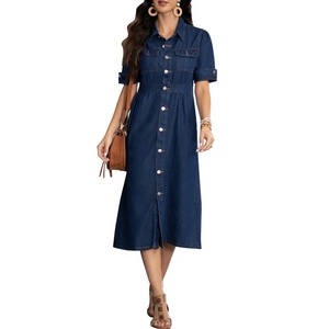 YUANBOFEI Women's Denim Shirt Dress Button Jean Ankle-Length <strong>Short</strong> Sleeve Dark Light Wash Casual Straight Elastic Waist Summer - Product Image 2