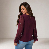 Blusa Elegante de Talla Grande para Mujer, Sólida, Holgada, con Cuello, Manga Larga, Puños con Volantes, Mangas Transparentes con Cuentas, Tejido de Gasa, Otoño Verano