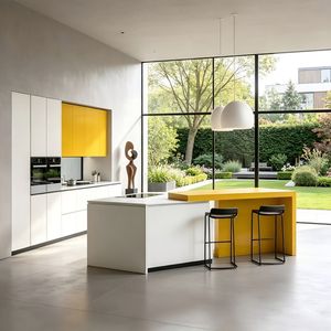 Muebles de <span class=keywords><strong>Cocina</strong></span> Modernos Minimalistas Estilo <span class=keywords><strong>Bauhaus</strong></span> en Blanco y Amarillo con Isla de Comedor Integrada, Muebles Modulares Personalizados para Villa - Product Image 1