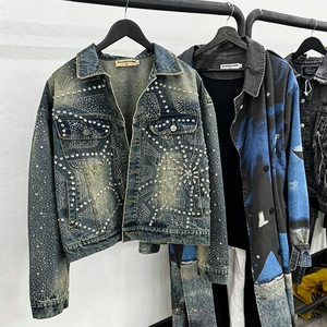 <span class=keywords><strong>Chaqueta</strong></span> vaquera gruesa con cuello vuelto, pedrería y cristales, estilo streetwear, verde, con bolsillos cargo personalizados, cortavientos - Product Image 1