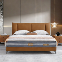 Lit Queen Size Moderne Minimaliste avec Cadre en Métal et Bois de Chêne, Revêtement en Cuir Véritable et Éponge Haute Densité, Gain de Place, Assemblé
