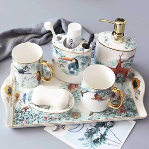 Nordic Creative Luxury Couple Wedding Mouthwash Cup Set Ceramic Bathroom Set with <b>Tray</b> - Product Image 1
