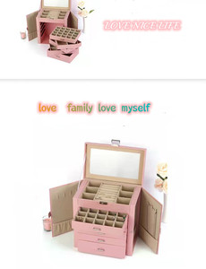 Boîte de rangement à bijoux de luxe rose à plusieurs étages avec miroir, grande vitrine à bijoux - Product Image 5