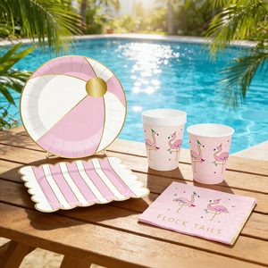 Fournitures de fête d'été DAMAI, ballon de plage à rayures roses et blanches, assiette avec flamant rose, vaisselle jetable, serviettes en papier, gobelets, assiettes - Product Image 2