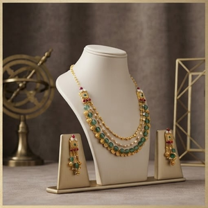 Ensemble de bijoux fins couleur or, collier superposé et boucles d'oreilles, pendentif perle verte, pour mariage et fête - Product Image 4