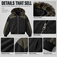 Sweat à capuche zippé coupe boxy personnalisé, noir délavé, blocs de couleur vert olive, col en fourrure, pour hommes, style streetwear, fournisseur en gros pour marques