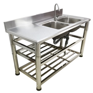 Fregadero Comercial <span class=keywords><strong>de</strong></span> Acero Inoxidable <span class=keywords><strong>con</strong></span> Encimera Integrada y Estante <span class=keywords><strong>de</strong></span> Almacenamiento, <span class=keywords><strong>Patas</strong></span> <span class=keywords><strong>de</strong></span> 60mm <span class=keywords><strong>de</strong></span> Grosor <span class=keywords><strong>con</strong></span> Deflector, Lavabo Doble - Product Image 2