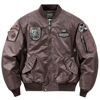 Blouson aviateur marron brodé pour homme, en nylon, avec fermeture éclair frontale, col montant côtelé, longueur standard, décontracté, pour l'hiver