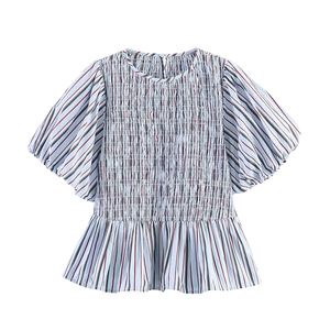 Chemisiers décontractés chic à rayures et col rond pour femmes, en polyester respirant, style vintage, manches courtes, collection été 2026 - Product Image 1