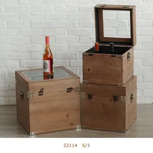 Wooden Storage Chest Trunk Boxes Set Top for Home Decor with Glass Storage Boxes & Bins Living Room Iron Handmade Multifunction