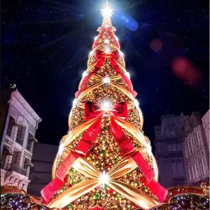 Giant Artificial Christmas Tree Illuminated 30ft 40ft 50ft Sprial Large Christmas Tree With Motif Lights Bowknot Ribbon