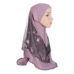 Malay embroidered head scarf with crystal meshwork patchwork veil embroidery designs for long muslim ladies hand lace kerchief
